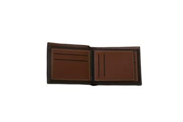 Top view of brown leather wallet on transparent background. PNG forma