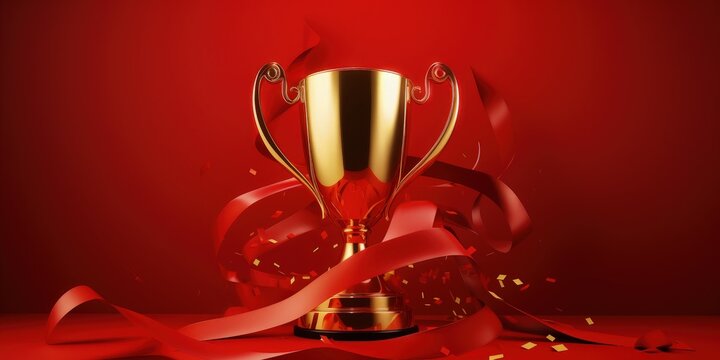 Golden trophy and streamers, business and competition concept, red background. Generative AI