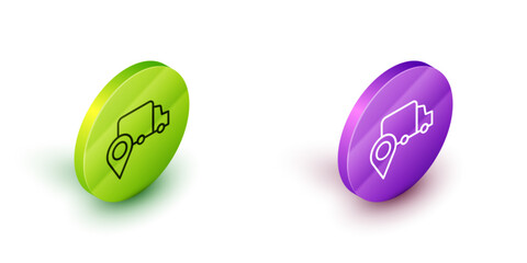 Isometric line Delivery tracking icon isolated on white background. Parcel tracking. Green and purple circle buttons. Vector
