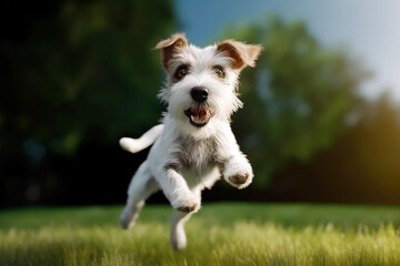Fox terrier running on green grass, AI generative