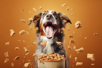 Happy dog in front of bowl of croquettes, AI generative - obrazy, fototapety, plakaty
