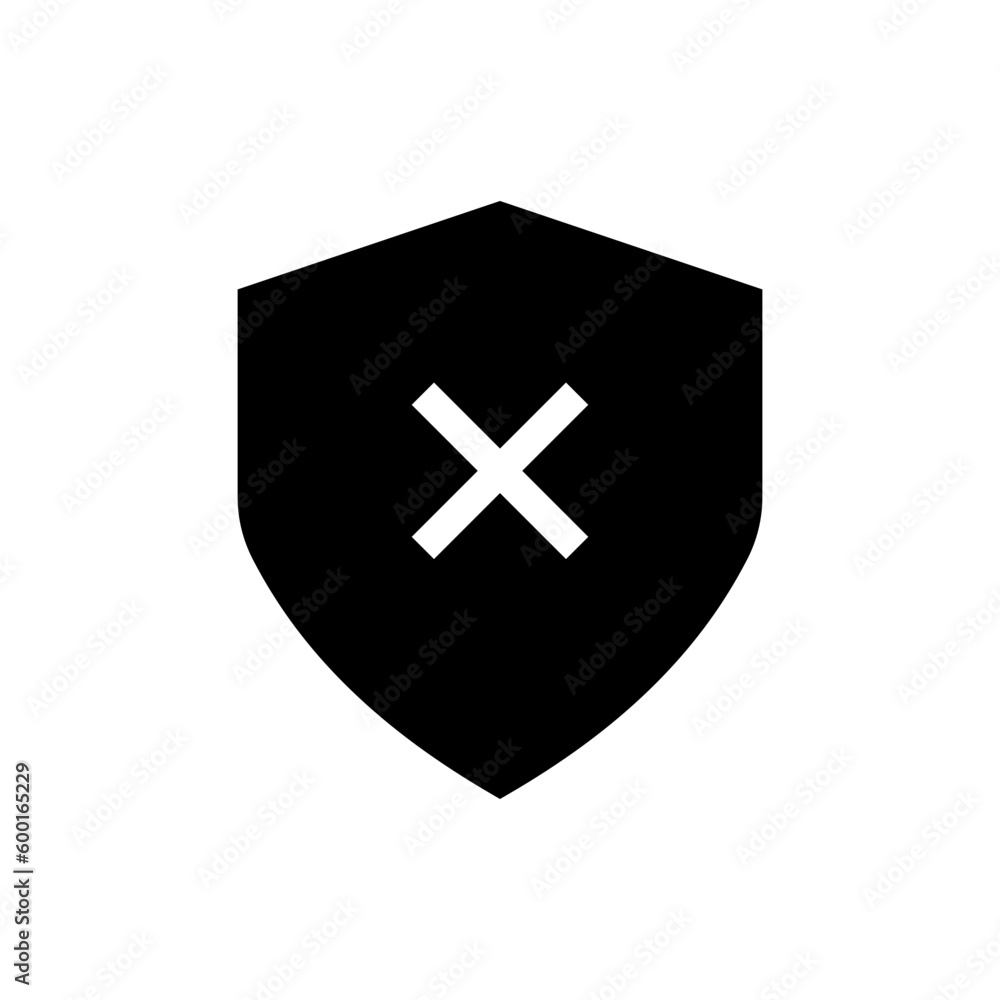 Poster shield check mark icon or security ban shield protection icon with cross symbol, reject, false, wron