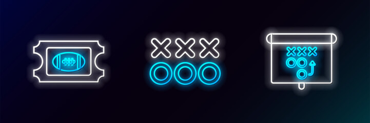Set line Planning strategy concept, American Football ticket and icon. Glowing neon. Vector