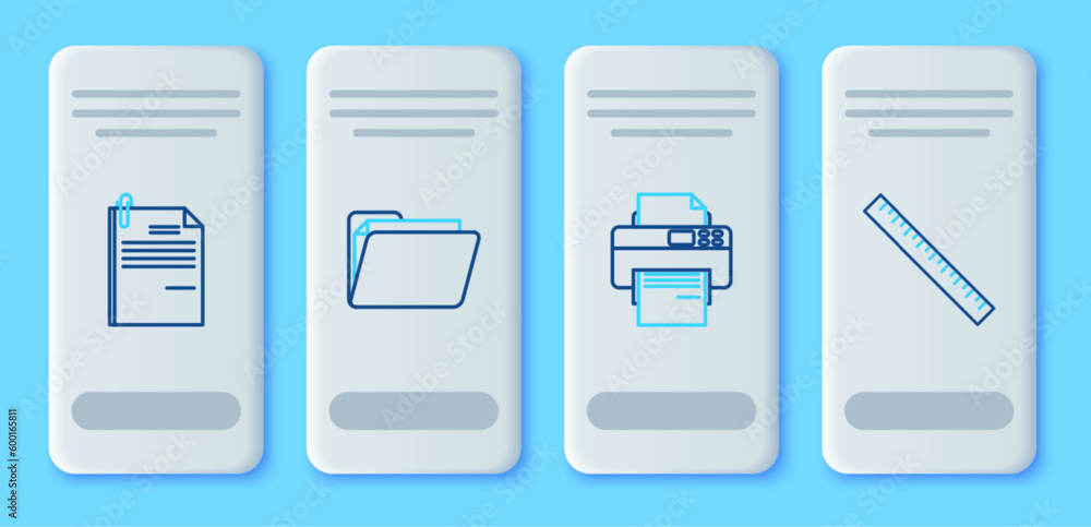 Poster set line document folder, printer, file document and paper clip and ruler icon. vector