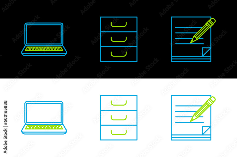 Poster set line blank notebook and pencil with eraser, laptop and drawer documents icon. vector