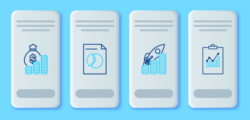 Set line Document with graph chart, Rocket flying up on coins growth, Money bag and and Clipboard icon. Vector