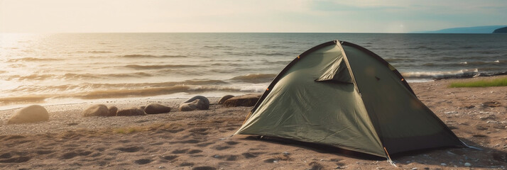 Camping on sea beach in tent, generative ai