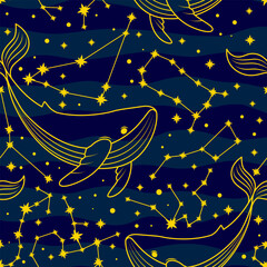 Vector pattern with whales and constellations.