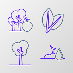 Set line Watering sprout, Tree, Leafs and with apple icon. Vector