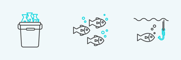 Set line Fishing hook under water with fish, bucket fishes and icon. Vector