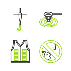 Set line No fishing, Fishing jacket, net water and hook and float icon. Vector