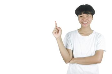 Positive thinking and smiling young woman in white t-shirt pointing fingers up, having great idea or suggestion, indicating at perfect spot for copy space on transparent background.