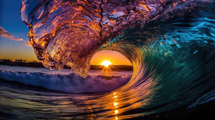 Hintergrund mit einem malerischen Sonnenuntergang scheint durch eine sich brechende Welle im Meer, lebendige Farben, Generative AI