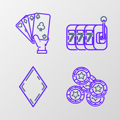 Set line Casino chips, Playing card with diamonds symbol, Slot machine lucky sevens jackpot and Hand holding playing cards icon. Vector