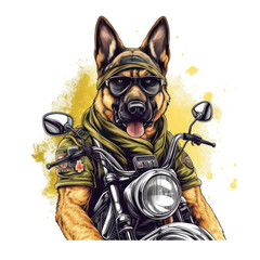 Motorcycle German Shepherd T-shirt Design, A German Shepherd riding a motorcycle with goggles and a bandana , Generative Ai