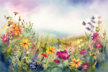 Obraz na płótnie Canvas meadow with flowers, watercolor-Ai