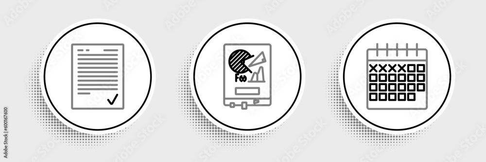 Aufkleber set line calendar, exam sheet with check mark and board graph chart icon. vector