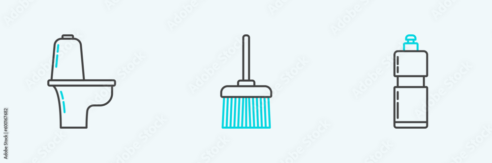 Poster set line plastic bottles for liquid dishwashing liquid, toilet bowl and handle broom icon. vector