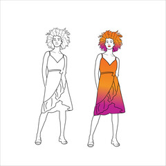 Curly hair girl line art and color gradient