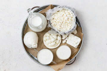 Fresh dairy products (milk, feta, cottage cheese, Mozzarella,yogurt, Buratta, cottage cheese).Symbols of jewish holiday - Shavuot	