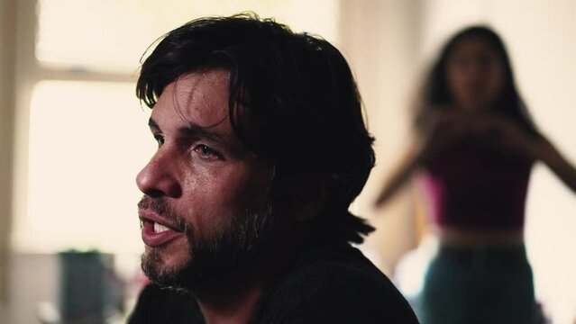 Cynical man mocking girlfriend during argument. Upset girlfriend nagging about male responsabilities. crisis in relationship concept