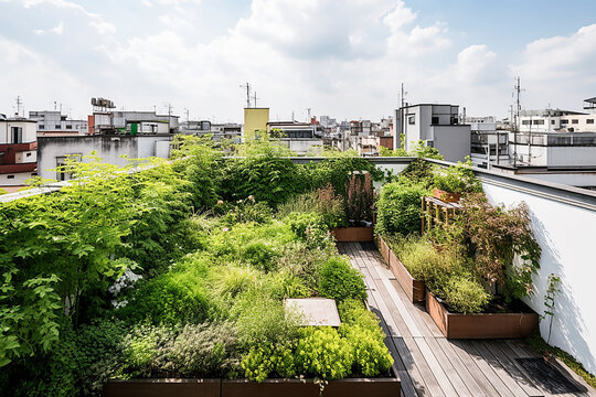 Generative AI. Roof garden concept, Agriculture on the roof of the building. relax zone. View of green roof