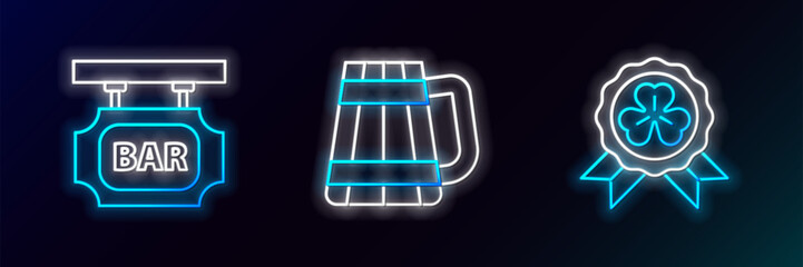 Set line Medal with four leaf clover, Street signboard inscription Bar and Wooden beer mug icon. Glowing neon. Vector