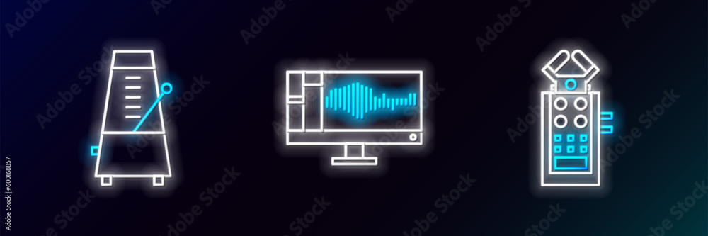Poster set line microphone, metronome with pendulum in motion and sound or audio recorder monitor icon. glo