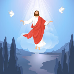 Ascension Day design with Jesus Christ in the sky vector illustration. Illustration of the ascension of Jesus Christ.Jesus in radiance with a halo. - obrazy, fototapety, plakaty