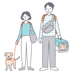 ペットを連れて避難する男女