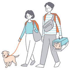 ペットを連れて避難する男女
