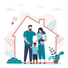 Multicultural family in house. Parents with two children. Happy multi ethnic family. Parents love. Traditional family, child care. Adopted children find family. Love couple with adopted kids.