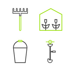 Set line Grass and weed electric string trimmer, Bucket, Home greenhouse plants and Garden rake icon. Vector