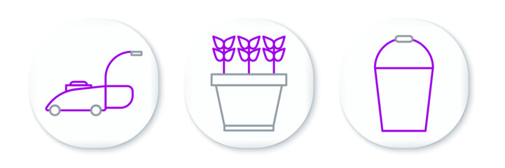 Set line Bucket, Lawn mower and Plants in pot icon. Vector