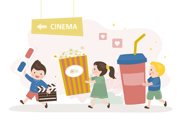 Happy boys and girl going in cinema to watching movie. Children with stereo glasses want watching 3d movie. Friends with popcorn and drinks. Weekend, entertainment time