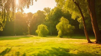 Summer warm landscape with green field and park. High quality illustration Generative AI