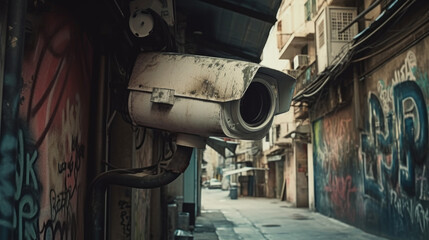 Urban Watchdog: Grungy Grimy Security Camera on a City Street with graffiti in the background - Generative AI"