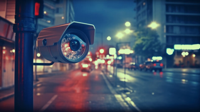 Urban Watchdog: Grungy Grimy Security Camera on a City Street with graffiti in the background - Generative AI"