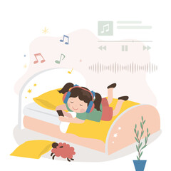 Caucasian girl in wireless headphones listens to music. Cute kid enjoy good sounds or online streaming. Musical online app, preschooler girl listens to podcast.