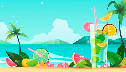 Fototapeta na wymiar summer background with glasses of mojito and lime. High quality Generative AI