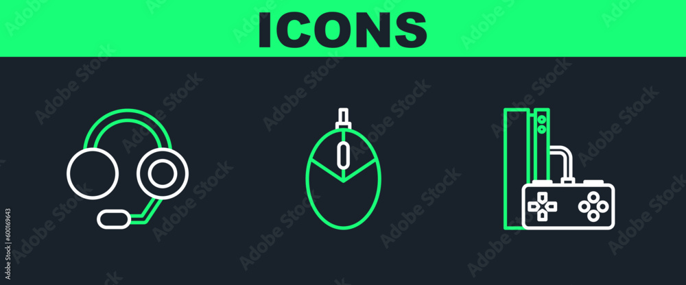Poster set line game console with joystick, headphones and computer mouse gaming icon. vector