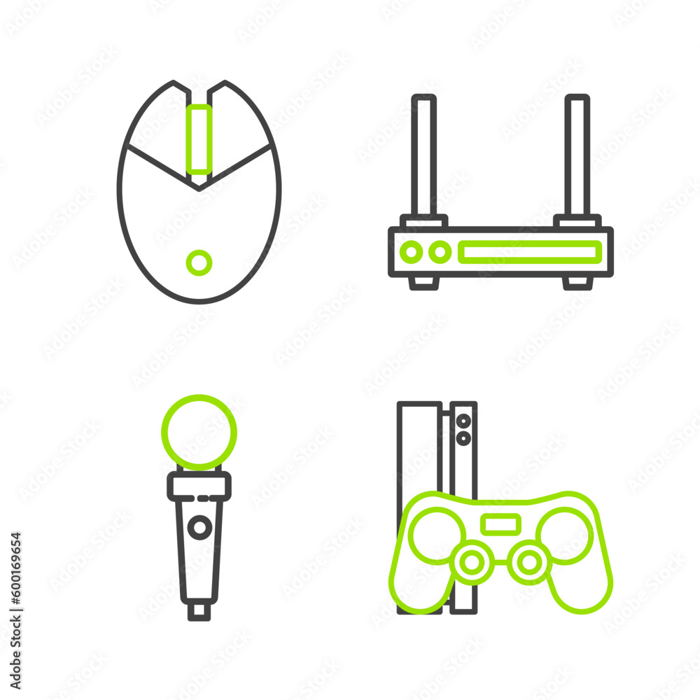 Poster set line game console with joystick, joystick for arcade machine, router and wi-fi signal and comput