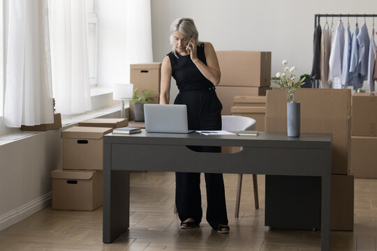 Mature entrepreneur woman talking on mobile phone at laptop. Small business owner, internet store manager working at home storage workplace with stacked cardboard boxes in background