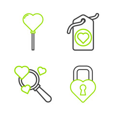 Set line Castle in the shape of a heart, Search and love, Heart tag and Balloons form icon. Vector