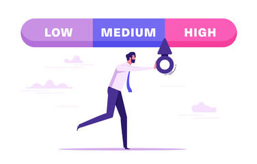 Businessman with credit score scale. Young man changing personal financial account information from low to high. Financial growth, career. Business reputation