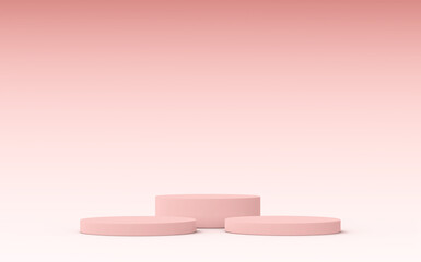 3D pink podium for product display on a pink gradient background. Three split level platforms. 3D illustration.