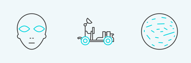 Set line Planet Mars, Alien and rover icon. Vector