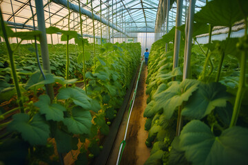Cucumbers growing in a greenhouse, healthy vegetables without pesticide, organic product. Generative AI.