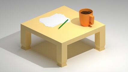3d rendering mini table, papers, pencil, and a cup of coffee, 3d illustration, 3d image, wood table