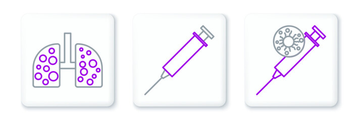 Set line Syringe and virus, Virus cells lung and icon. Vector